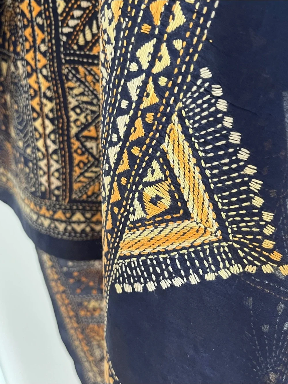 NEW HEIRLOOM STOLE SCARF SHAWL HAND EMBROIDERED KANTHA NAVY BLUE  & BEIGE  SILK